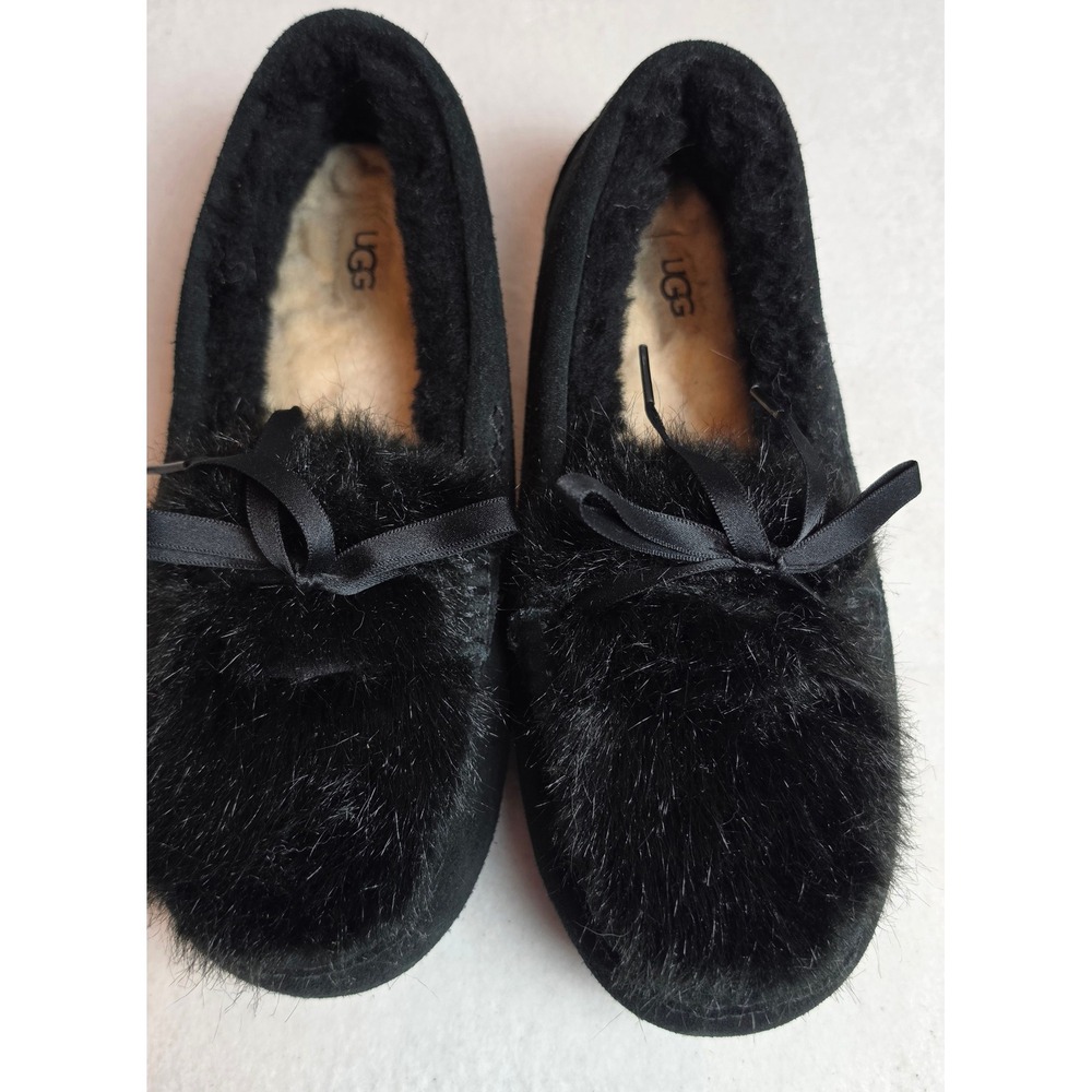 UGG Ansley Fluff Bow Black Suede Sheepskin Slippers Moccasins 1138310 Women 10